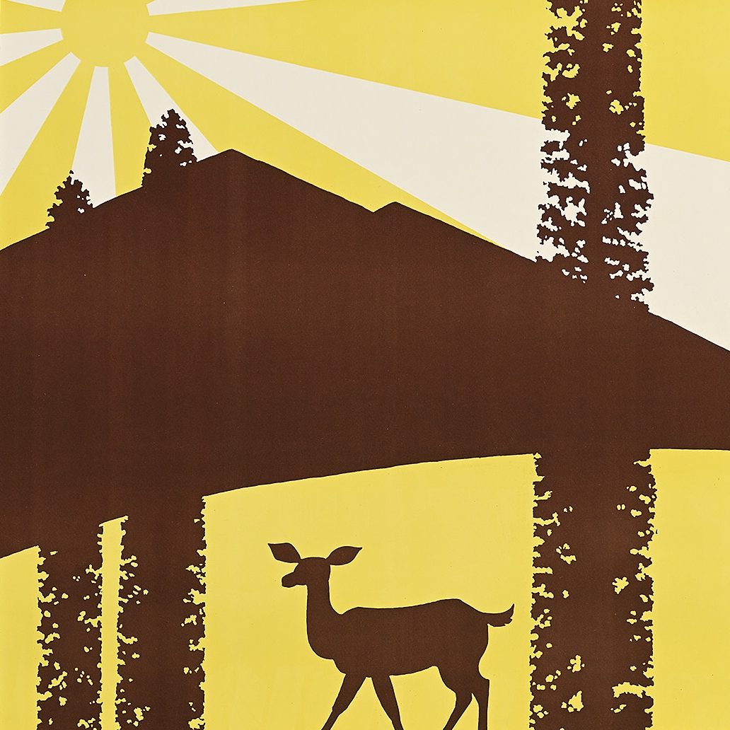 A brown and yellow graphic featuring silhouettes of a deer and three trees in the fore ground, and two mountain peaks in the background.