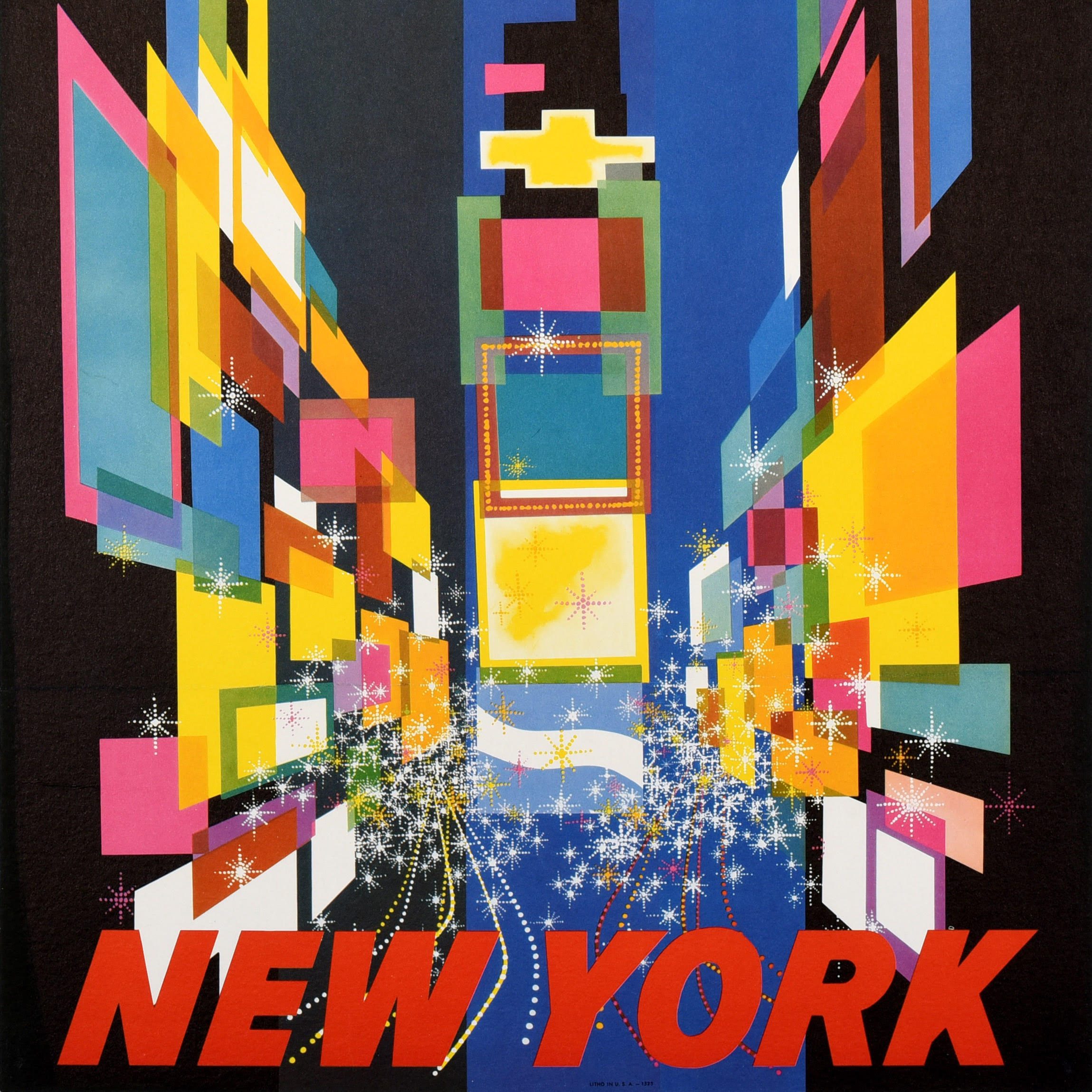 A poster advertising TWA depicting Times Square with overlapping brightly colored geometric forms.