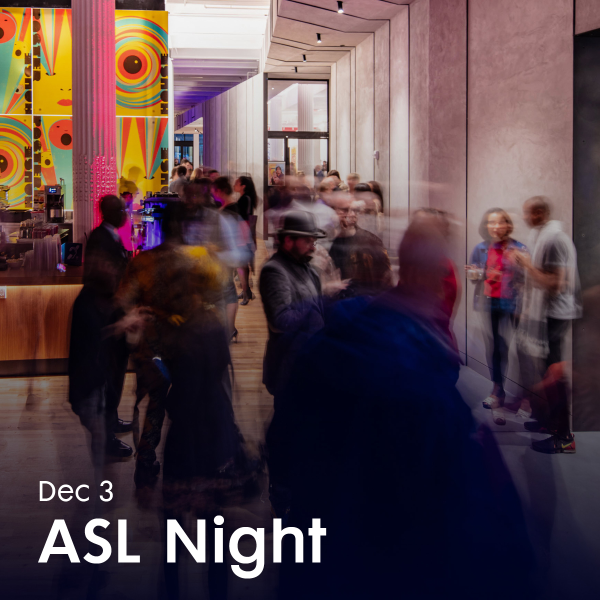 Digital image of people congregated in the Poster House lobby. White text at the bottom reads