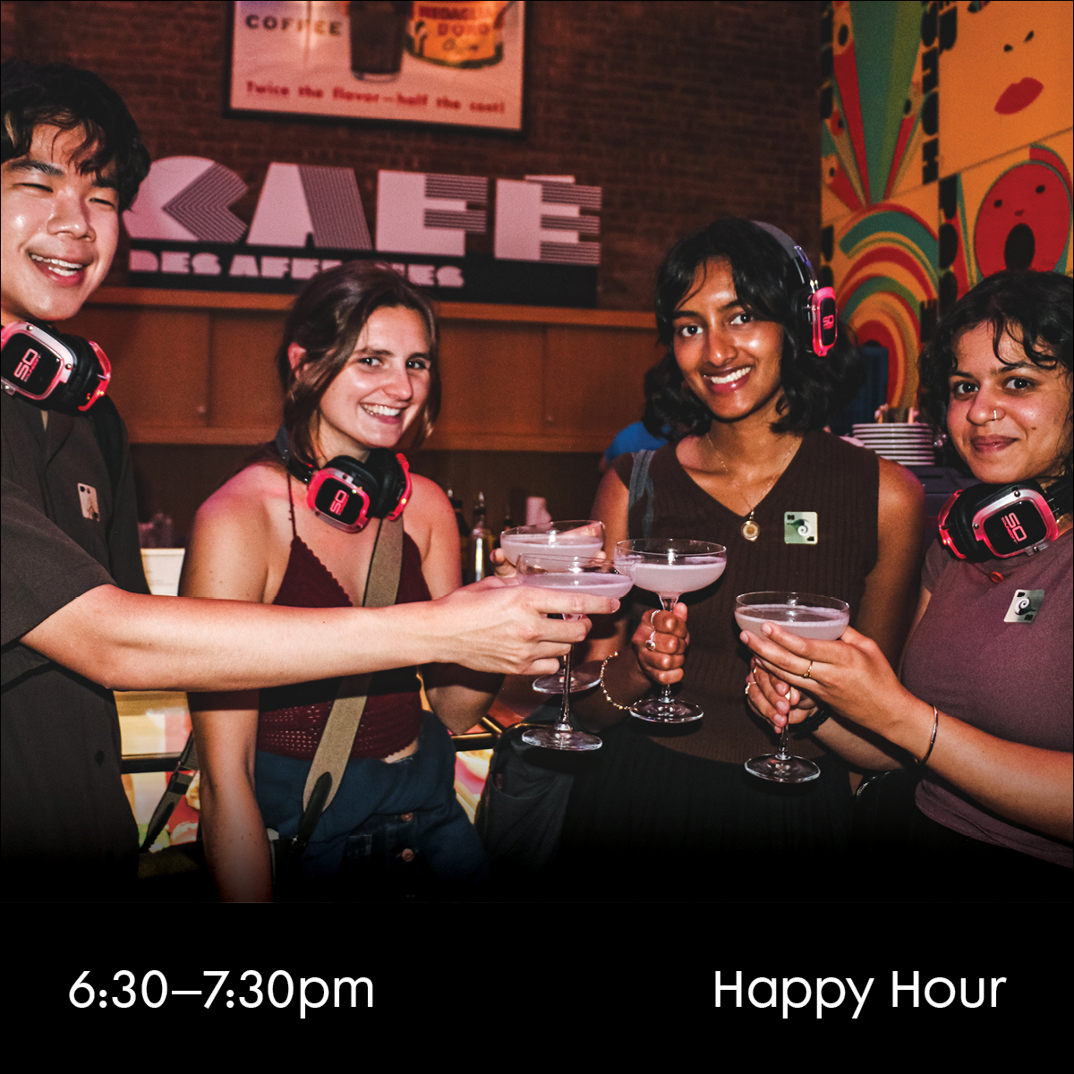 Digital image featuring a group of four young people wearing headphones and holding cocktails in the Poster House cafe.