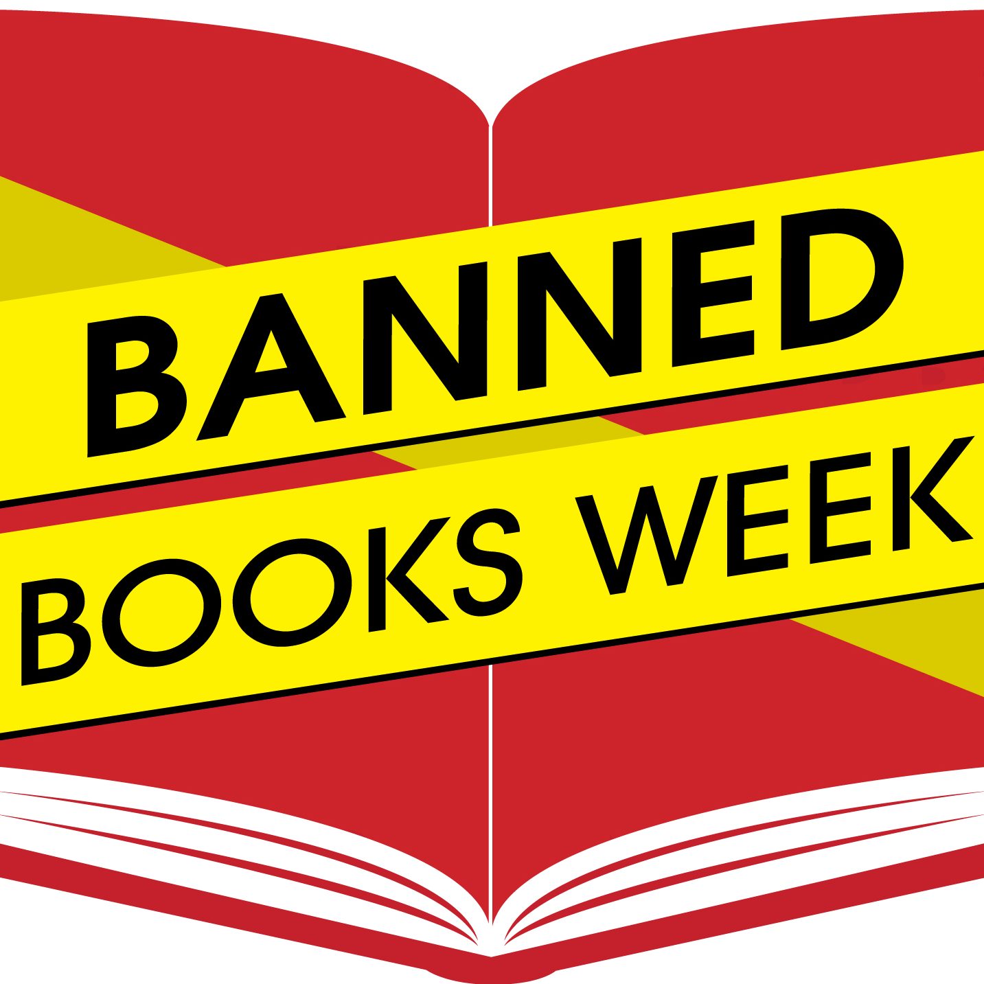 Digital graphic of a red open book wrapped in a yellow banner that reads 