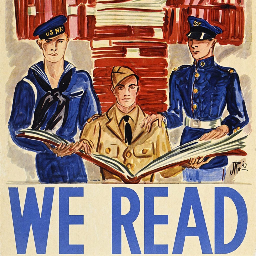 Vintage, illustrated poster featuring three soldiers holding a large book, placed above a caption that says