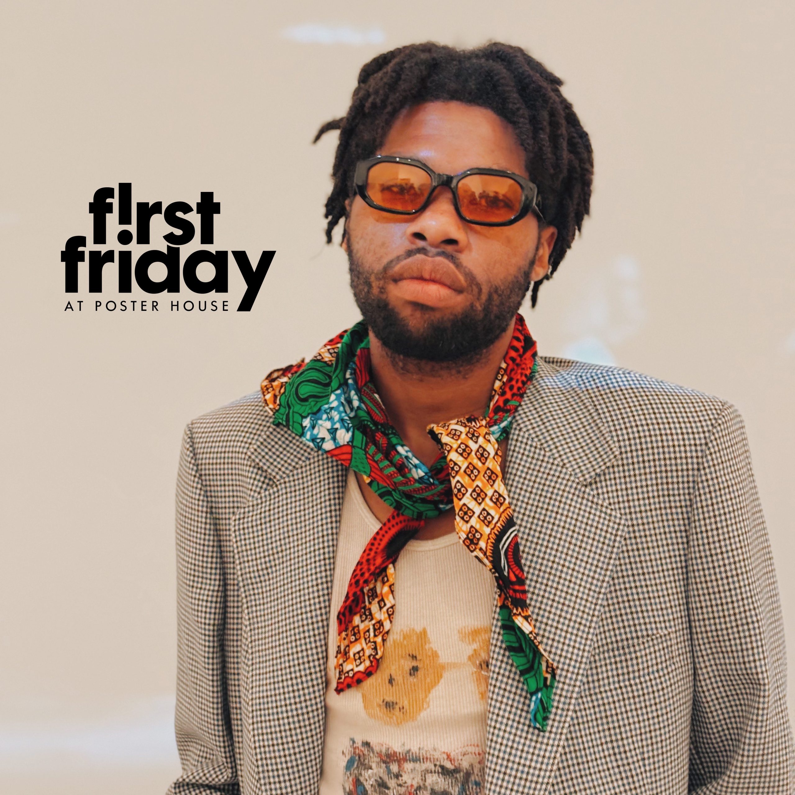 Digital image of artist Marc Andre with the First Friday logo.