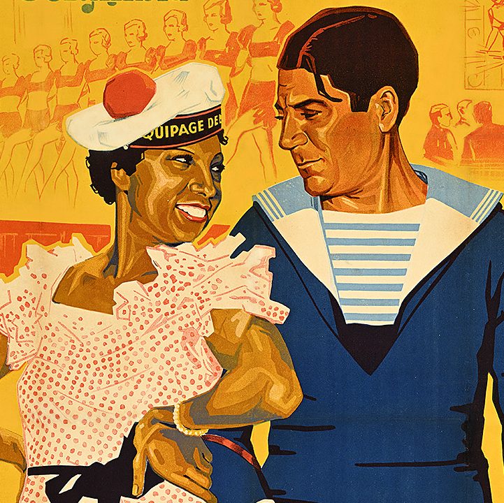 Vintage movie poster featuring a sailor and a young woman standing adjacent, looking at each other.