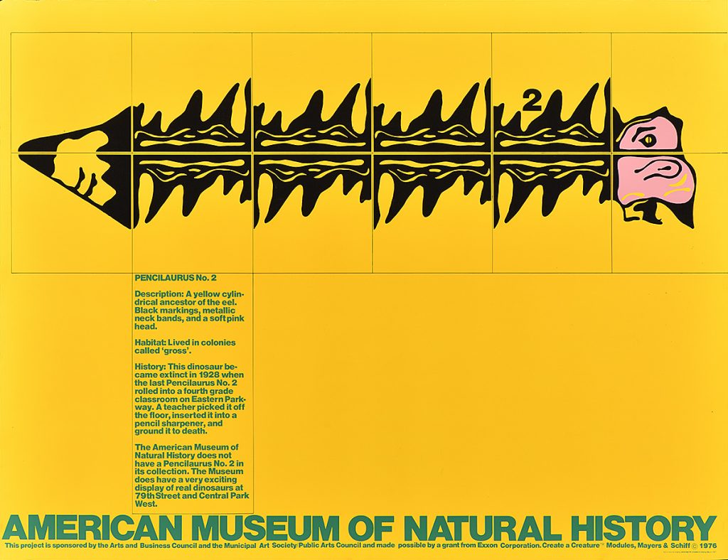 Poster of a black illustration of a yellow cylindrical ancestor of the eel on a yellow background.