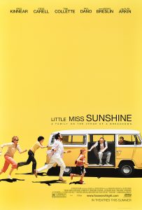 The movie poster for Little Miss Sunshine, a bright yellow backdrop with people running into a van