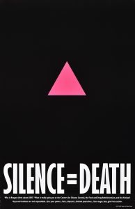 Poster of a pink triangle on a black background.
