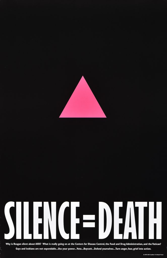 Poster of a pink triangle on a black background.