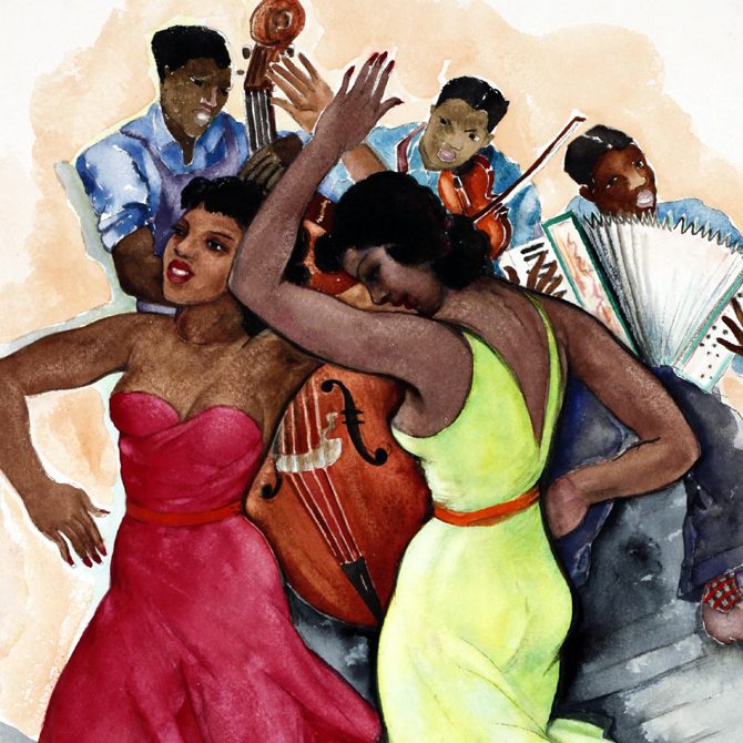 A vibrant watercolor illustration of two women dancing in front of a three piece band