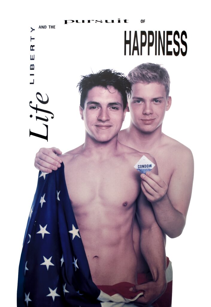 Poster of two men standing without shirts on, holding the US flag and a condom on the other.