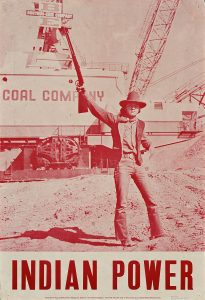 Poster of a man holding a gun in protest in front of an industrial center.