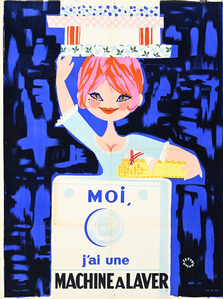 Woman popping out of a washing machine with laundry on her head.