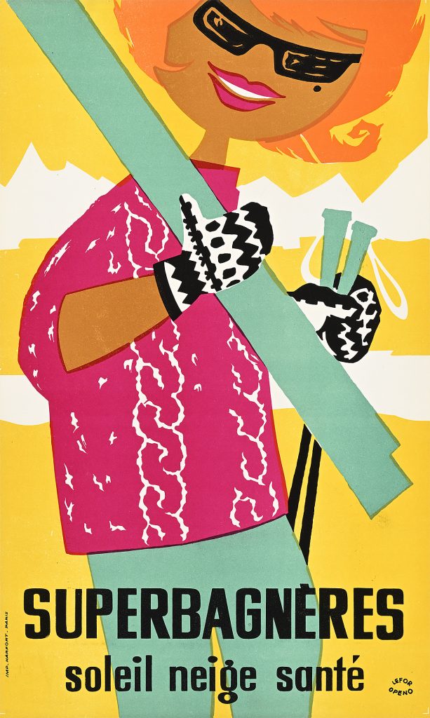 woman in a cable knit sweater and sunglasses holding skis.