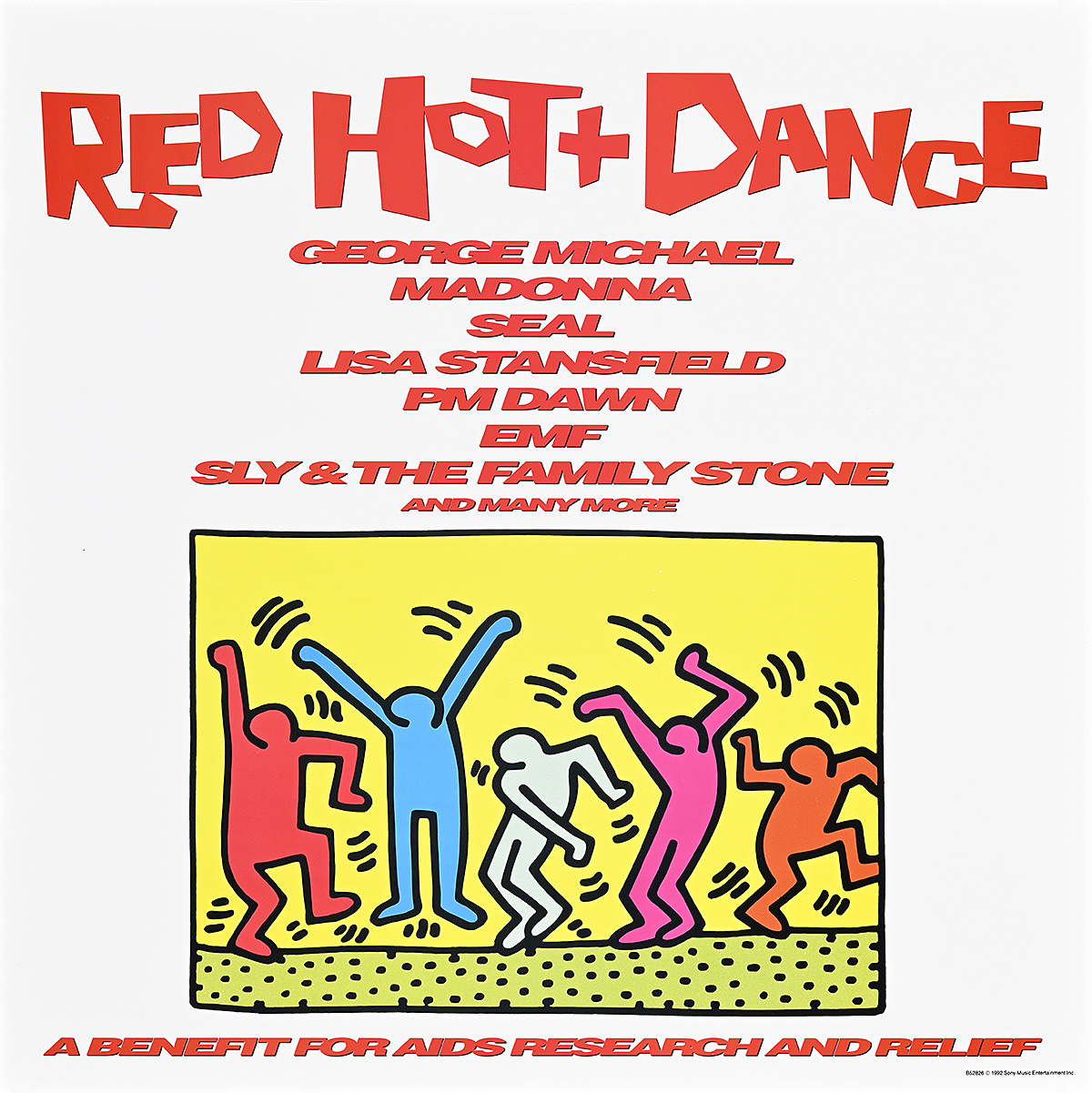 A white poster with red text advertising the album Red Hot and Dance, featuring an illustration by Keith Haring of a group of featureless figures dancing.
