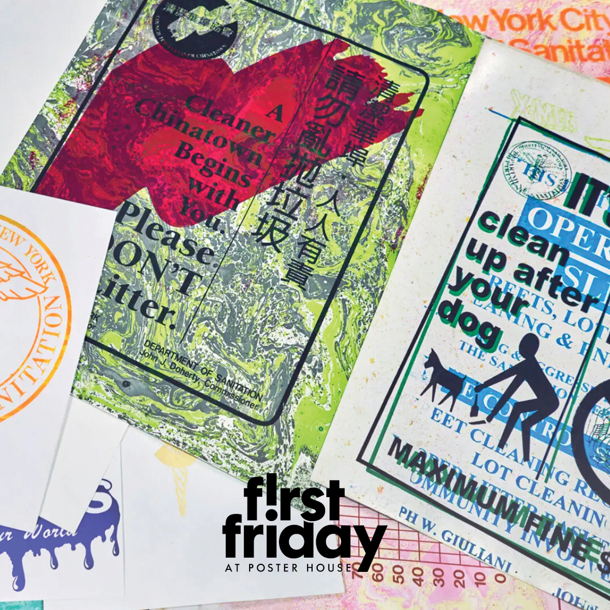 screen printed fliers with PSA announcements, with First Friday lock-up superimposed on top.