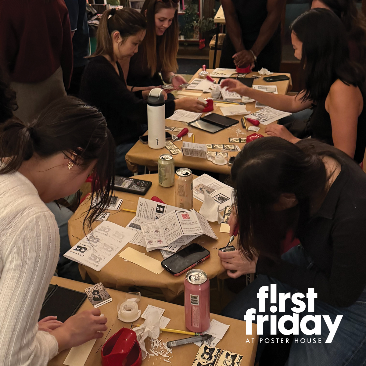 digital photo of people at an art workshop, featuring the First Friday lock-up
