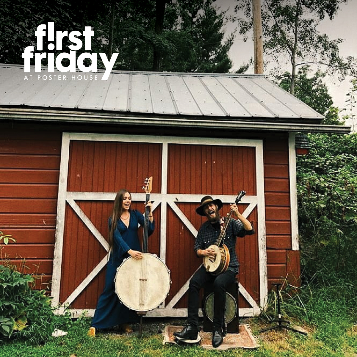 Digital photo of folk duo band Coyote and Crow standing in front of a barn, featuring the First Friday lock-up