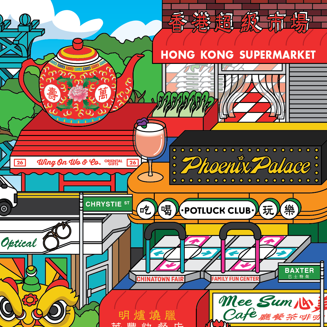 a playful, colorful graphic illustration of several Chinatown storefronts