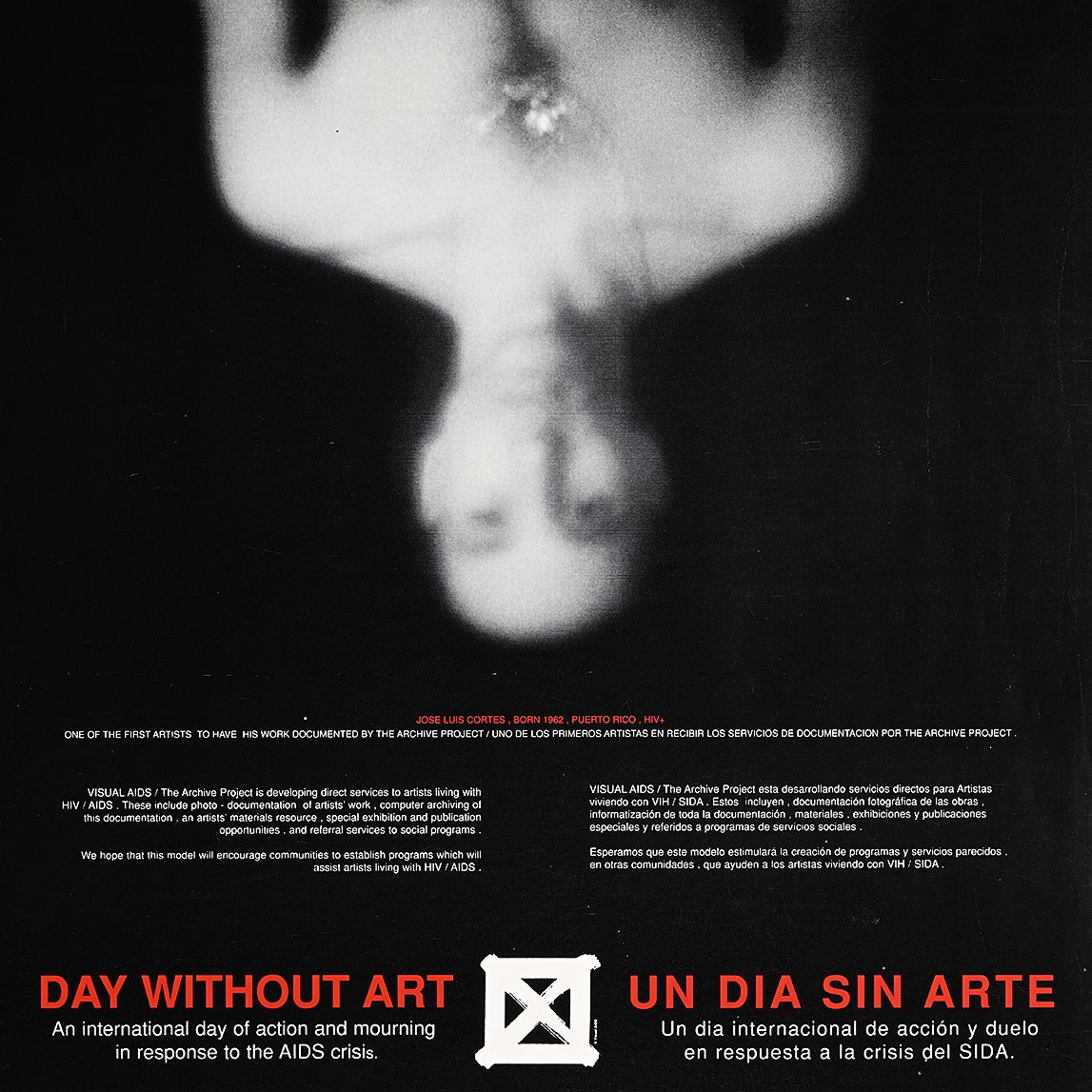 a poster advertising A Day Without Art, featuring a black and white, out of focus portrait photograph of a person oriented upside down
