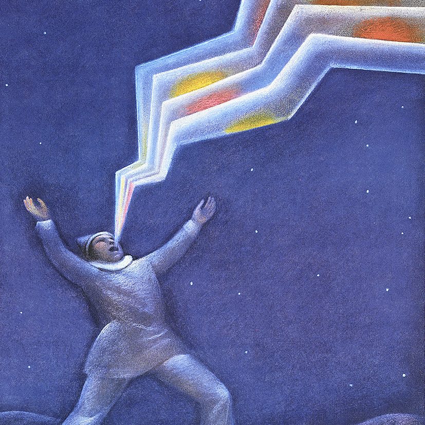 stylized illustration of a man singing and holding up his hands towards the night sky