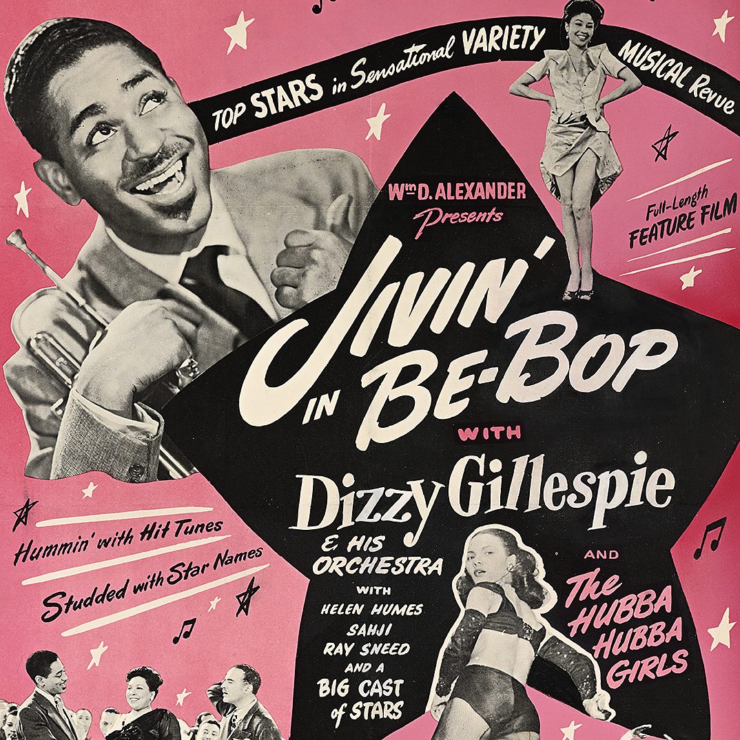 a vintage poster advertising a concert with Dizzy Gillespie with a pink and black color scheme