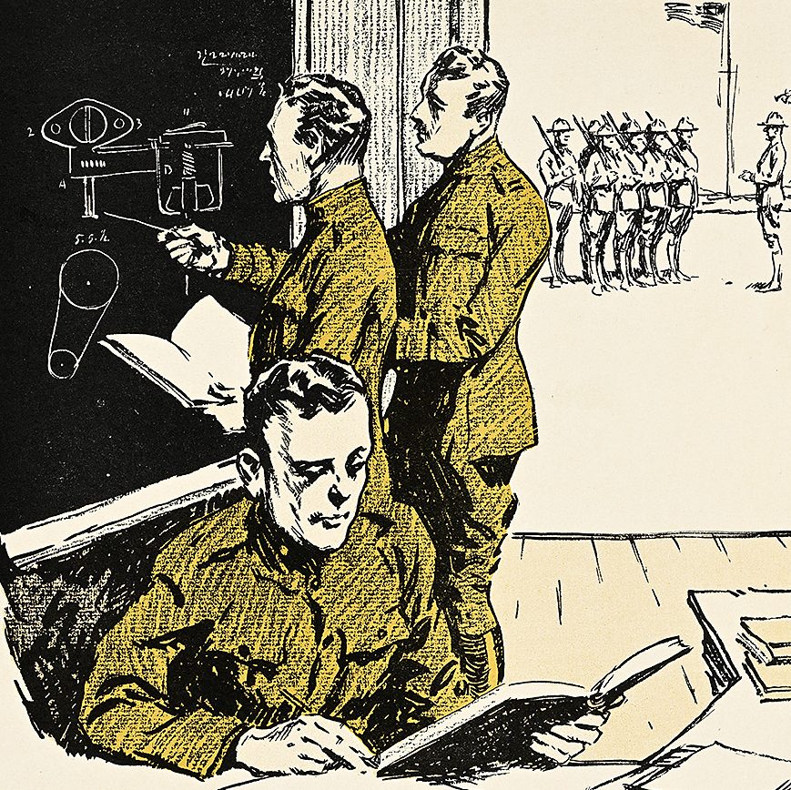 a poster with three soldiers, two standing at a chalkboard drawing a diagram, and one sitting in front of them at table reading a book.