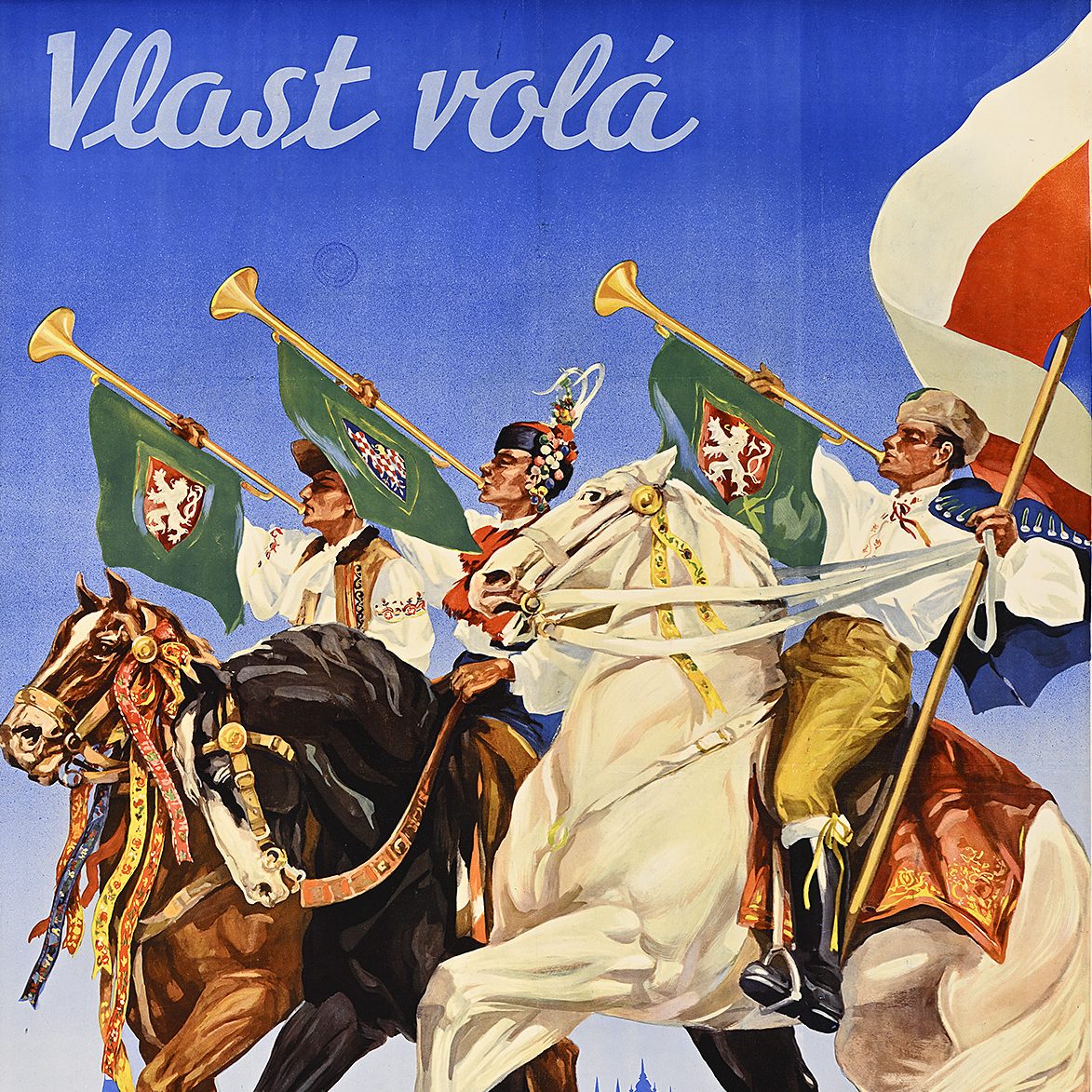 illustrated poster with three men on horses blowing horns