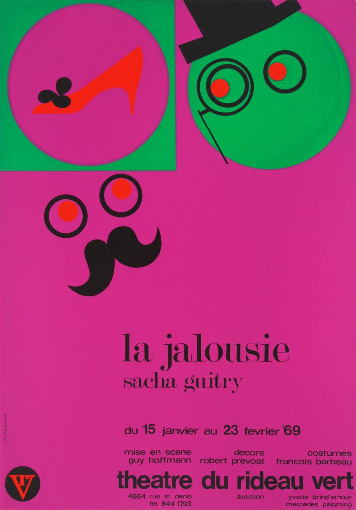 Poster of two sets of stylized eyes, one with a monocle and a top hat, and the other with a mustache, with a red shoe on a bright pink background.