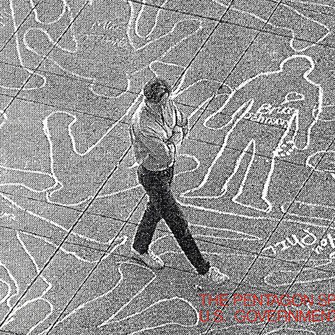 Aerial view of a person walking on a tiled ground with multiple chalk outlines of bodies.