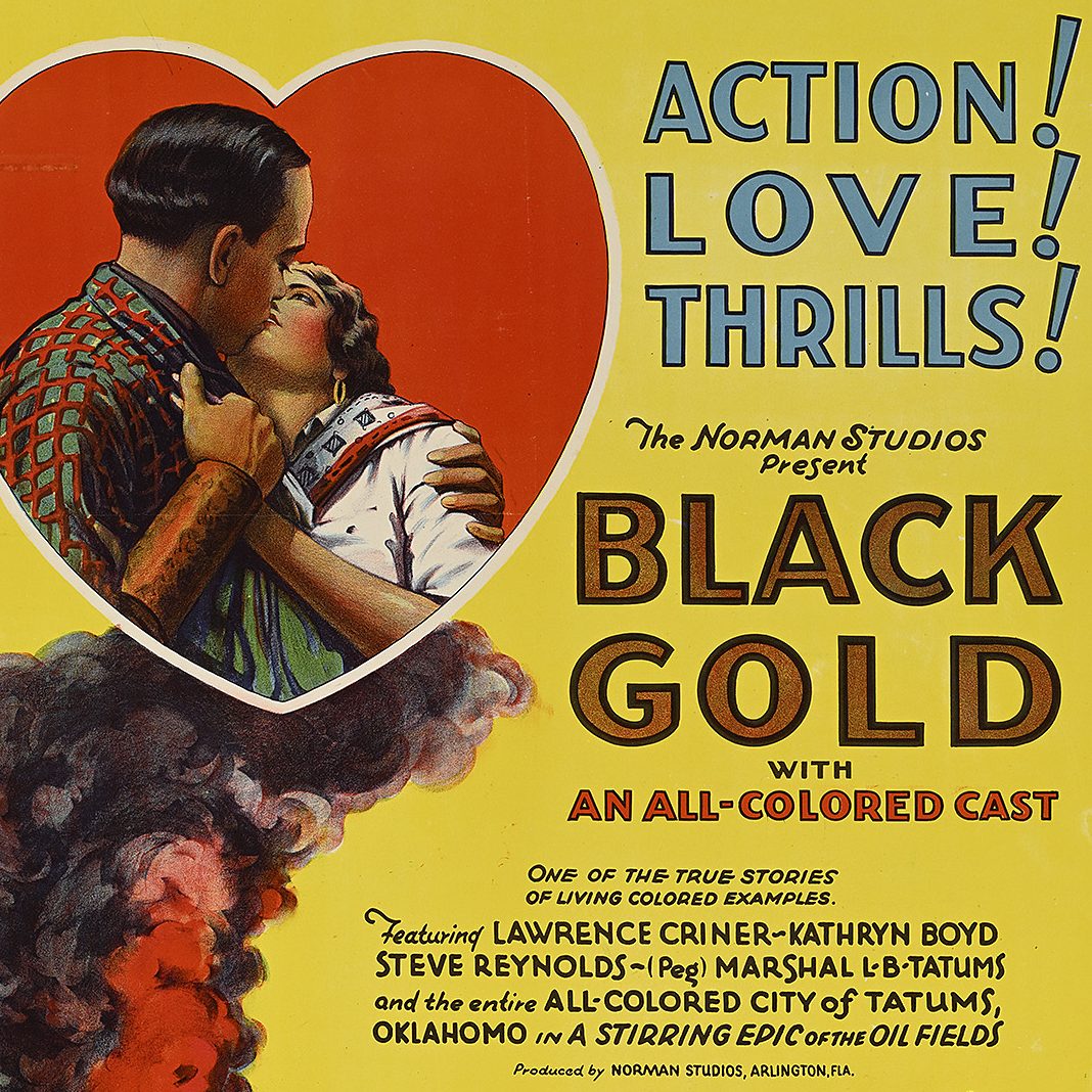 vintage poster for the film Black Gold featuring a couple embracing and kissing inside a red heart