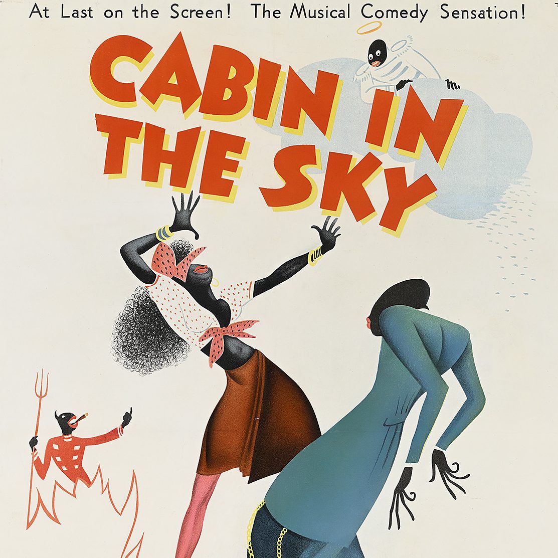 a movie poster with the title Cabin in the Sky in bright red, block letters at a diagonal angle above two stylized, illustrated figures facing each other and gesturing expressively