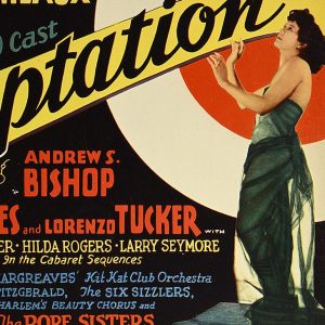 A vintage poster for the film "Temptation" featuring a woman in a green gown