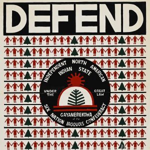 A poster with a central circle emblem in front of a pattern of small red figures holding hands and trees.