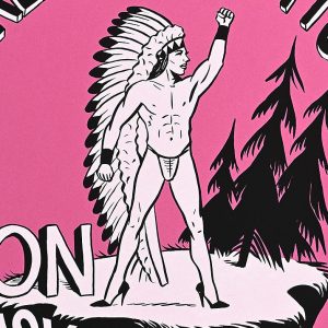 Poster with an illustration of a Native American standing with a raised fist on a small piece of land.