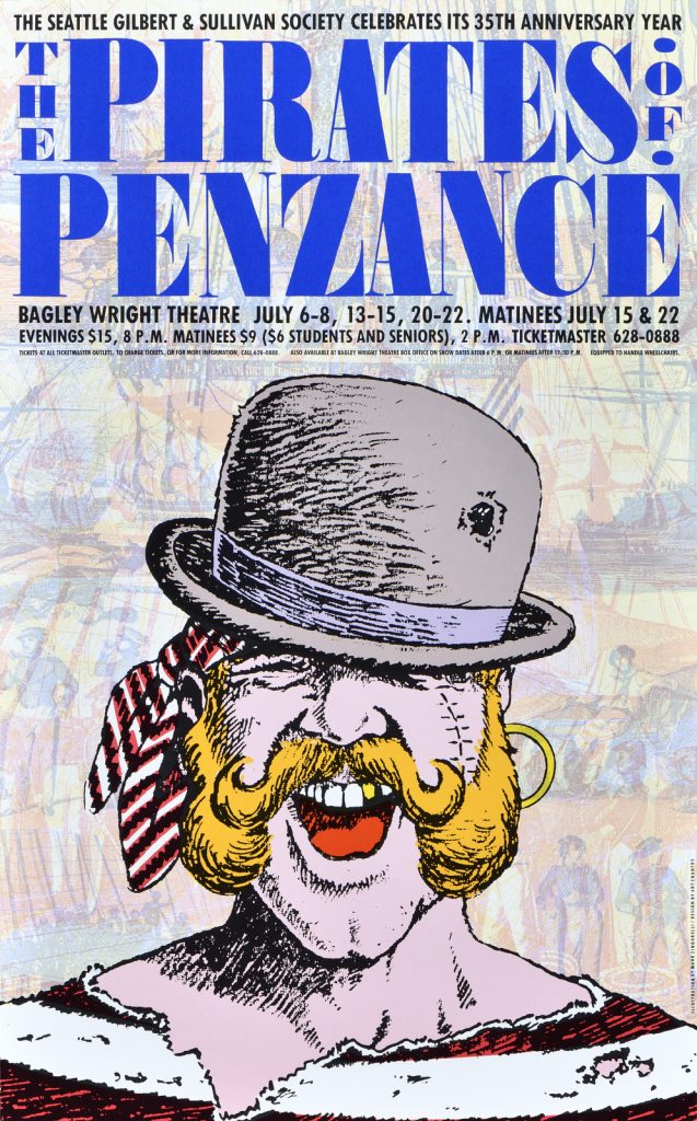 Illustrated poster of a laughing pirate with his eyes covered by a bowler hat.