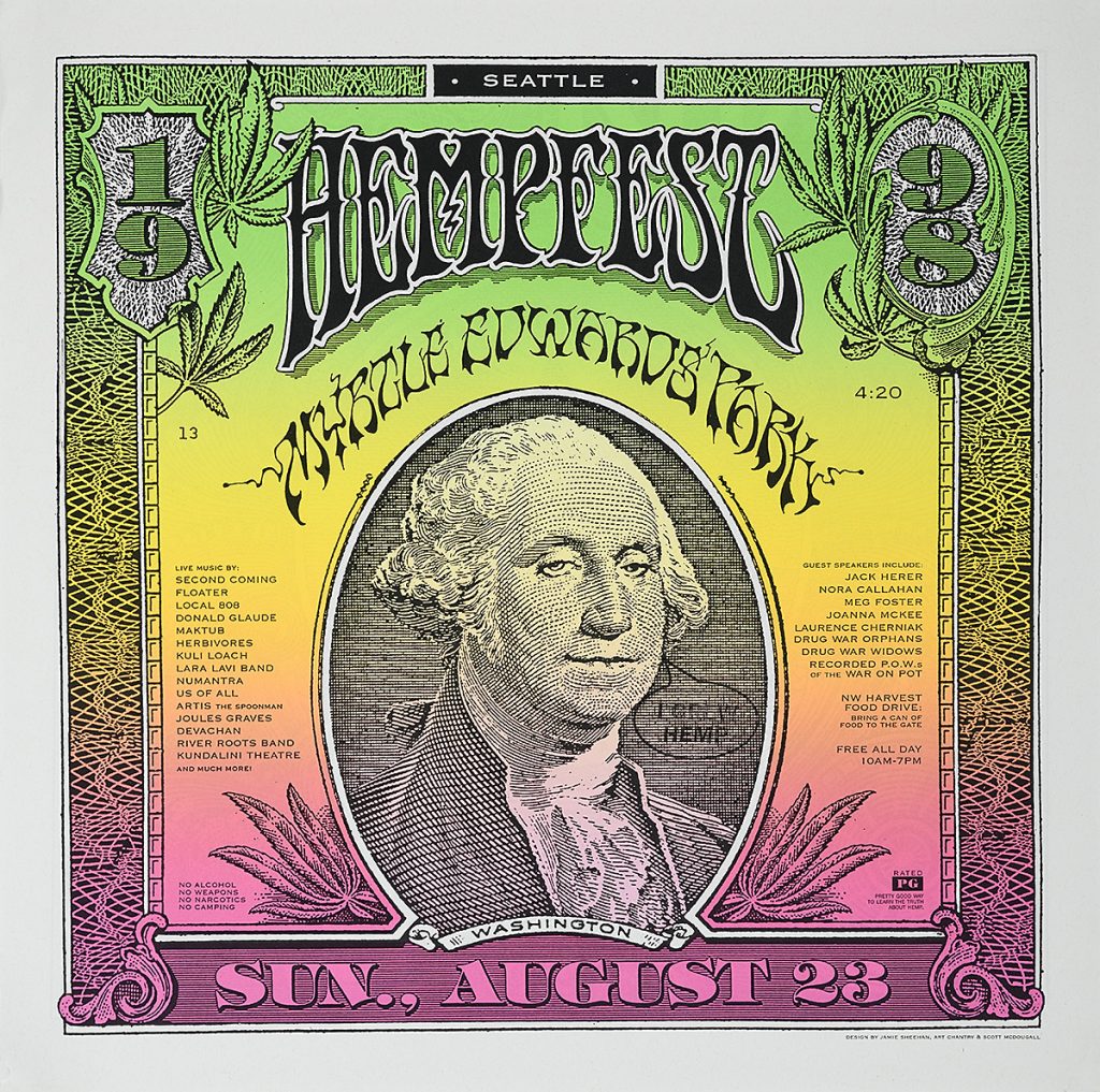 Poster of a psychedelically colored dollar bill.