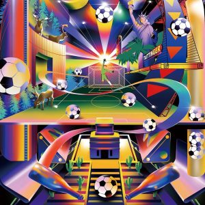 A hyperrealistic, colorful depiction of a soccer field, with several soccer balls, rainbows, plants, and iconic North American landmarks scattered throughout.