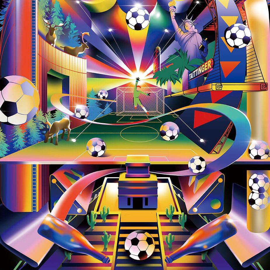 A hyperrealistic, colorful depiction of a soccer field, with several soccer balls, rainbows, plants, and iconic North American landmarks scattered throughout.