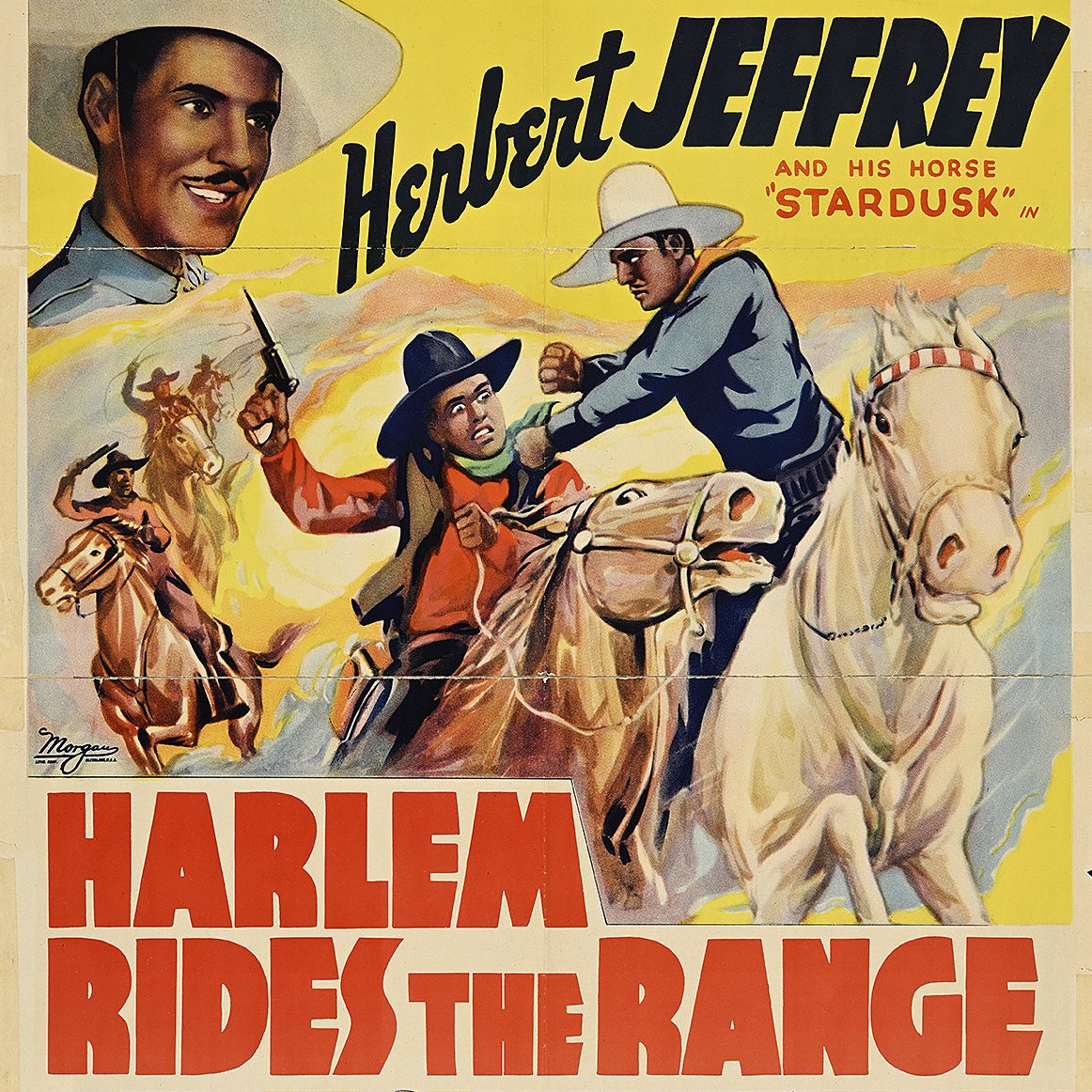 A poster of Black cowboys fighting while on horseback.