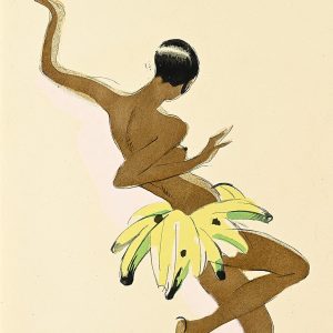 A drawing of a dark-skinned woman dancing and wearing a skirt made of bananas.