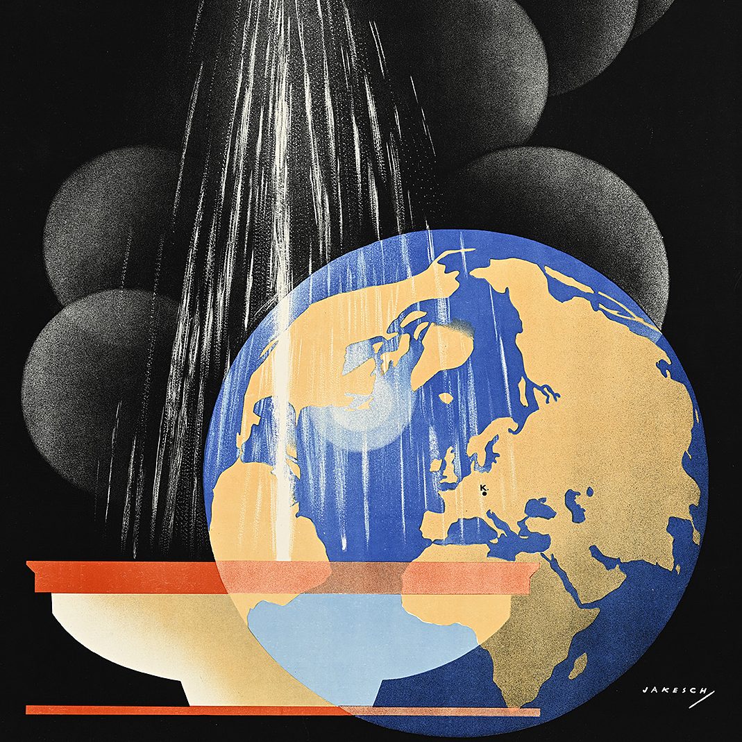 A poster of a blue and yellow globe and a white vessel in front of several gray spheres on a black background.