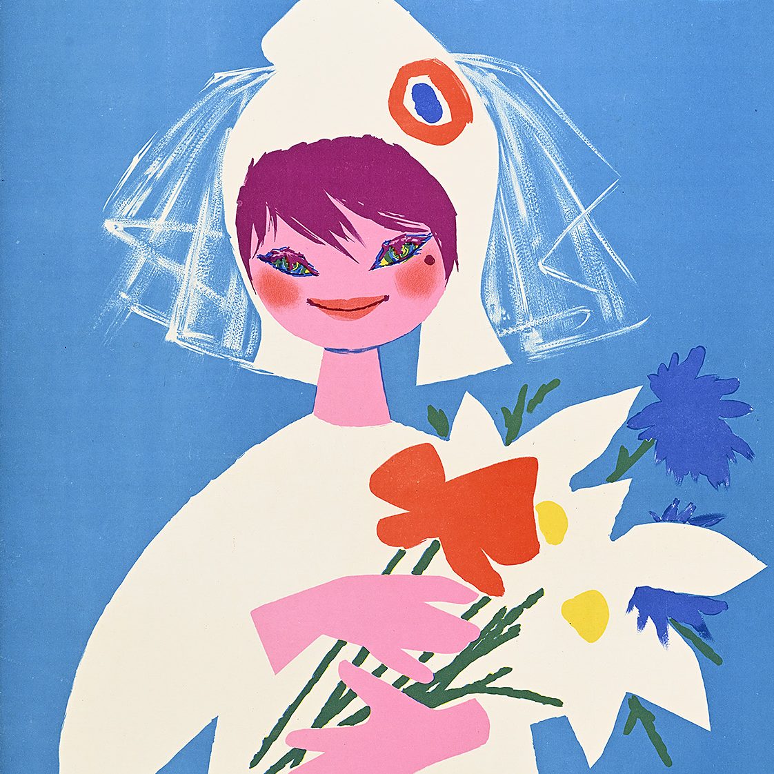 A poster of a cartoon bride in a French revolutionary cap holding flowers.