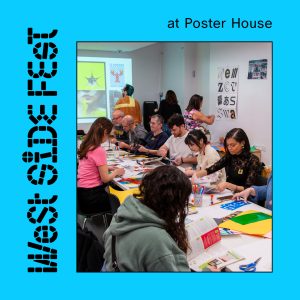 A group of people sitting at a long table doing an art project.