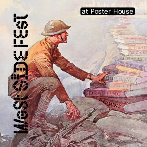 An illustrated poster of a solider at the bottom of a staircase made out of books.