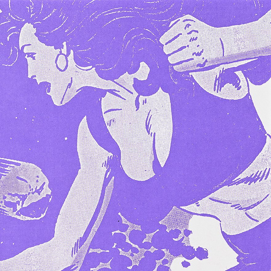 A flyer showing a purple cartoon muscular woman fighting angry cells.