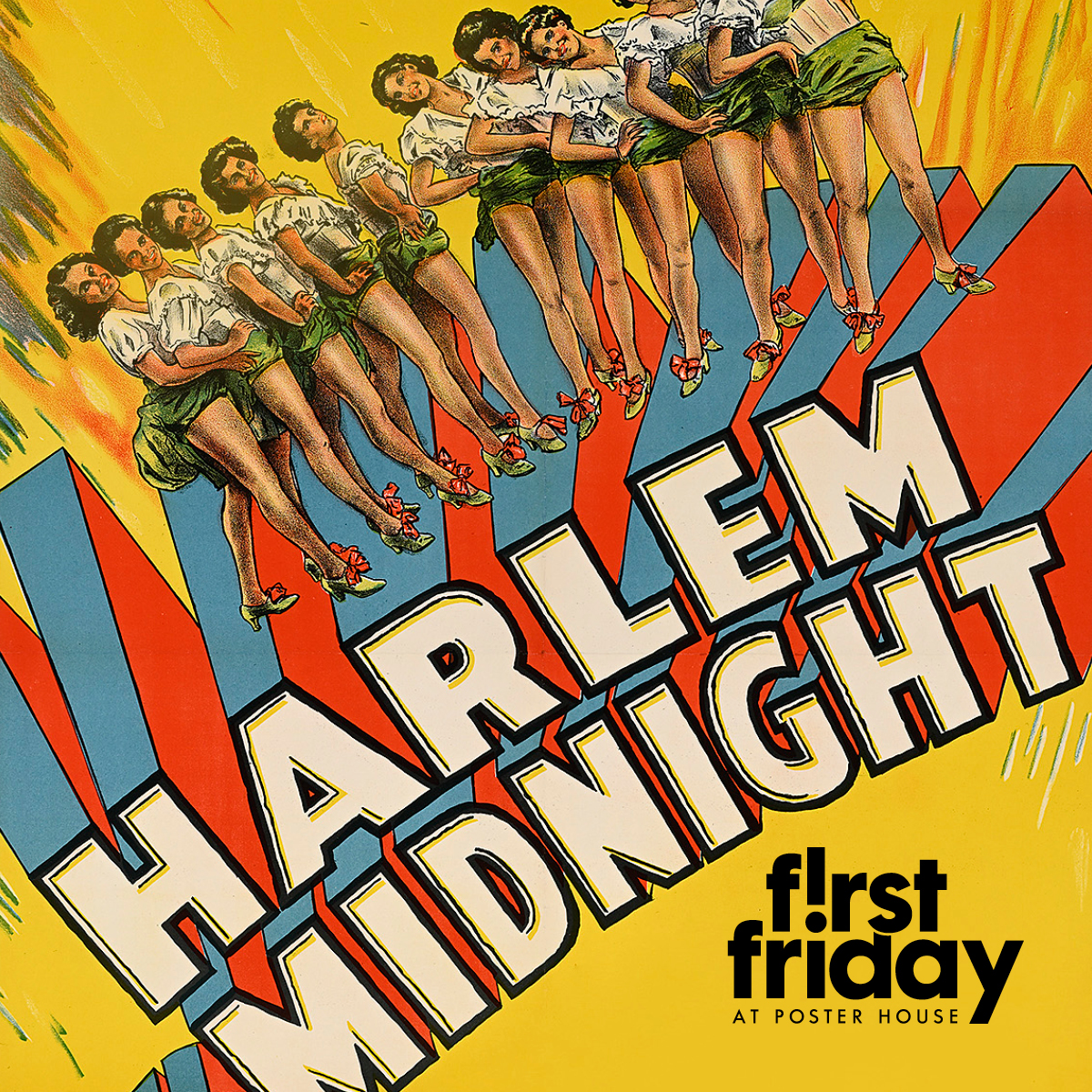 A poster of female dancers standing in a line above large text.