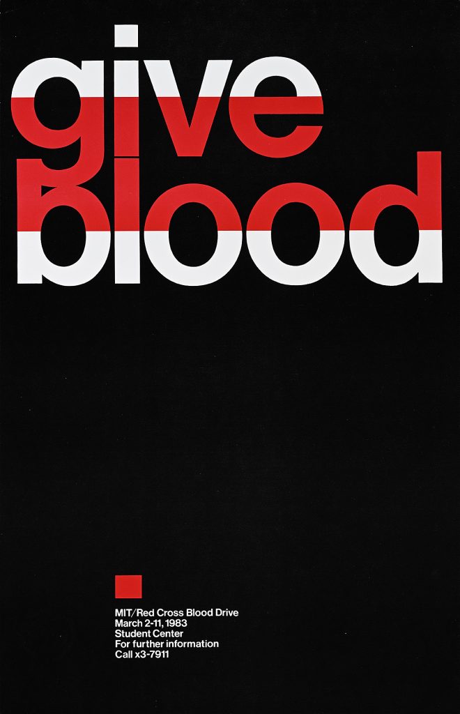 Poster of the words Give blood in red and white on a black background.