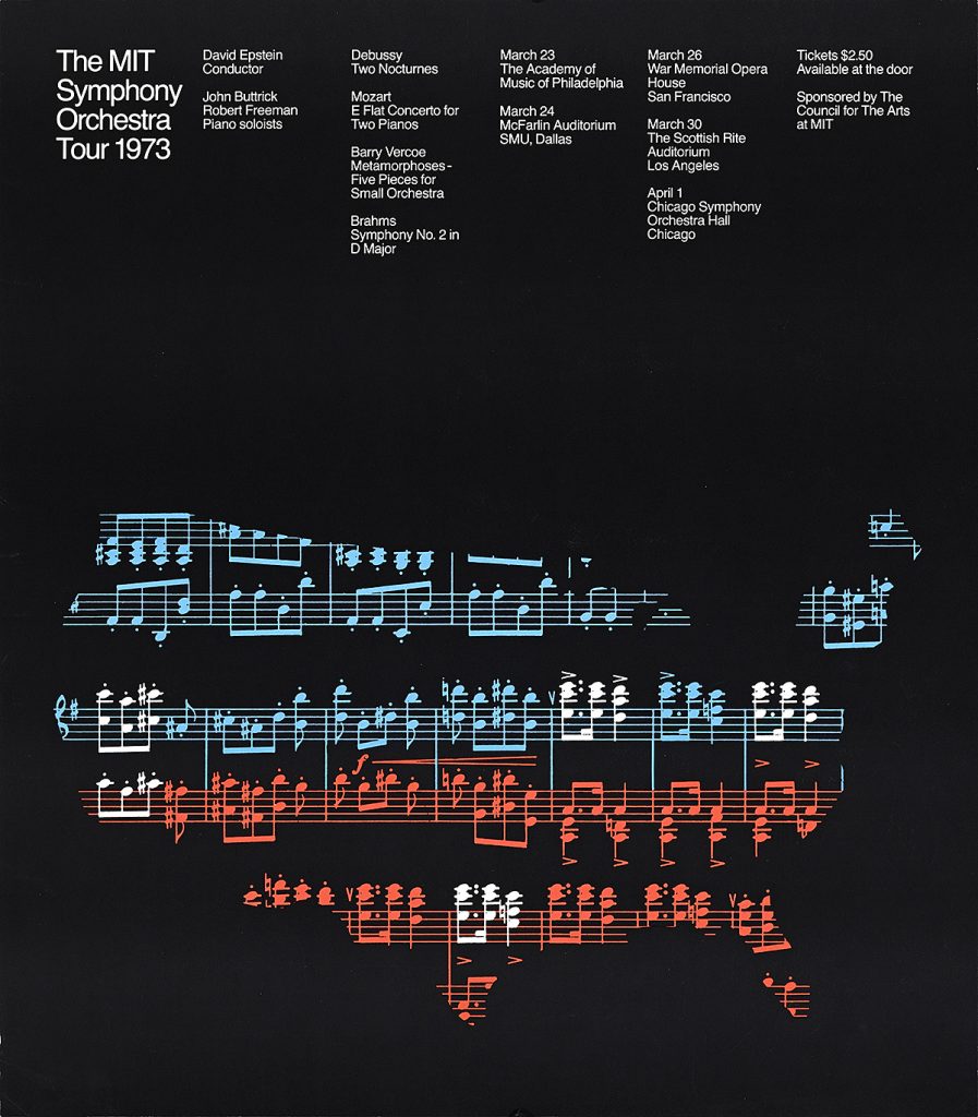 Poster of a map of the United States made up of red, white, and blue music notes.
