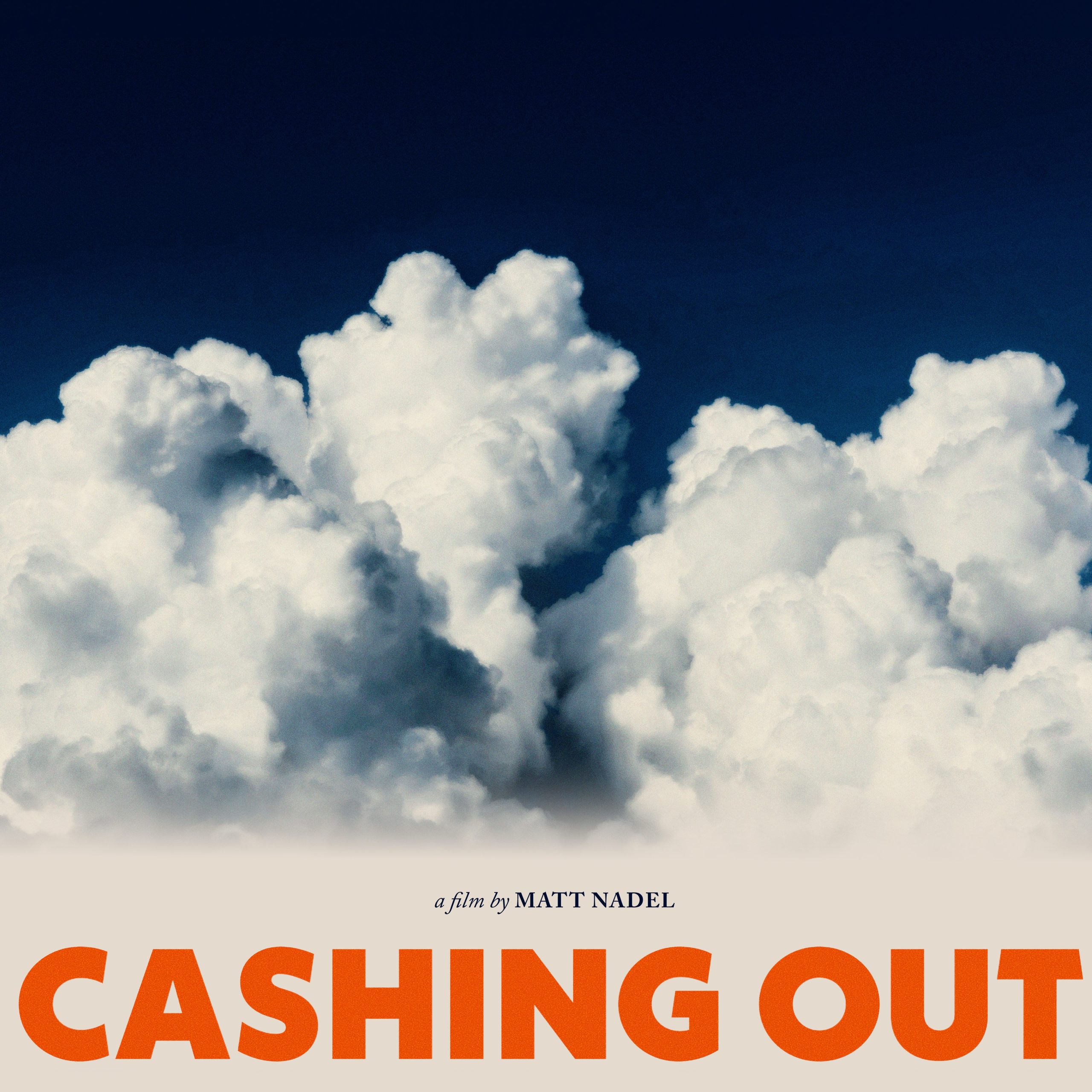 A movie poster with billowing white clouds and large red block letters.