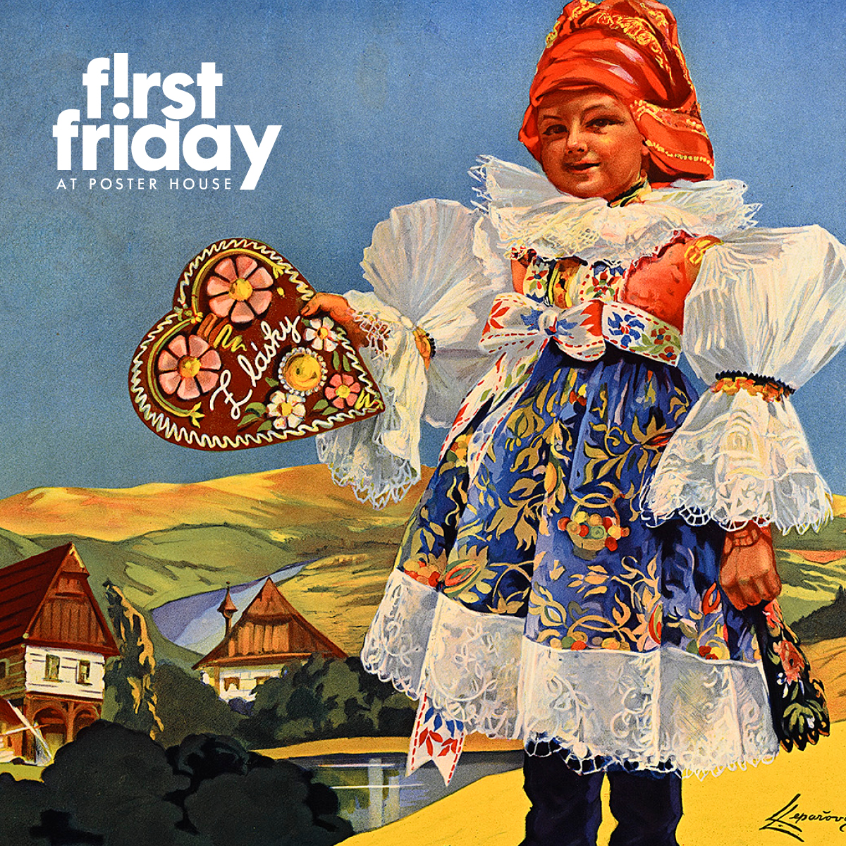 An illustration of a child wearing traditional Czech clothing holding a heart-shaped card.